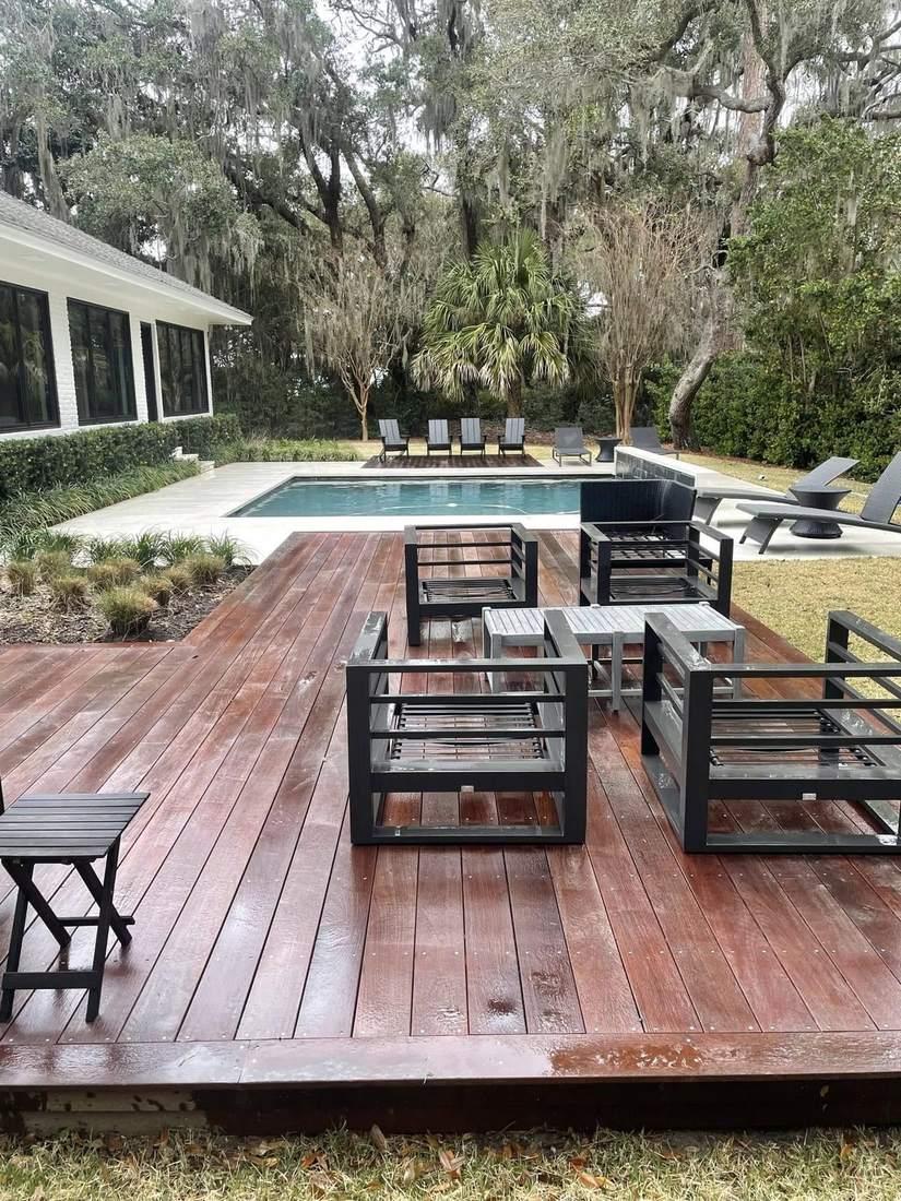 Pressure treated pine pool deck after low pressure cleaning, Glynn County Georgia