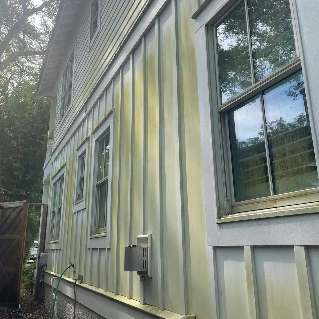 Algae stained board and batten siding before house washing, Brunswick GA