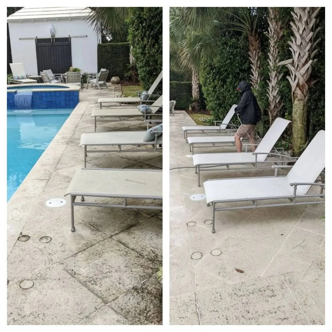 Pool deck patio before and after pressure washing, Golden Isles Georgia