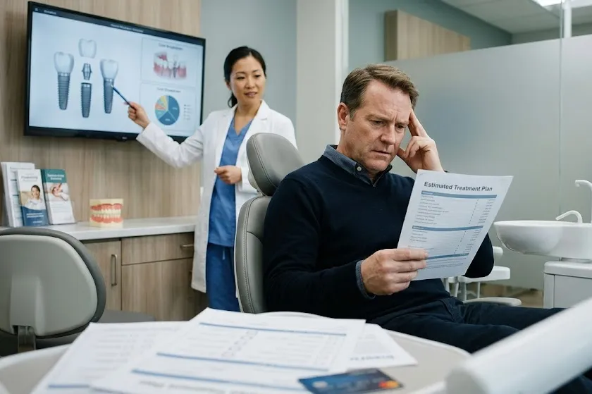 Dental patient reviewing high cost of implants due to dental insurance limitations