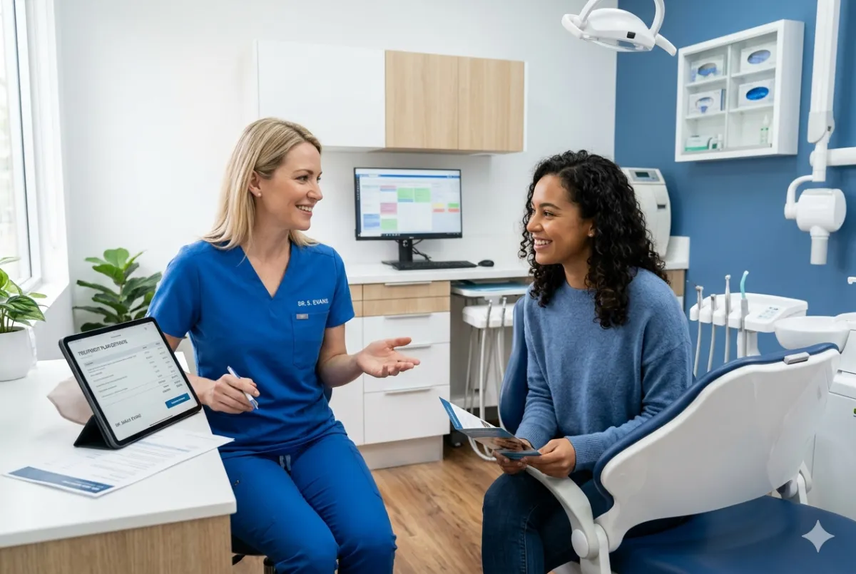 Dentist explaining treatment cost to patient in modern dental clinic