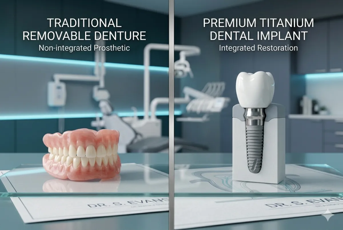 Side by side visual comparison of a traditional partial denture and a modern permanent dental implant structure.