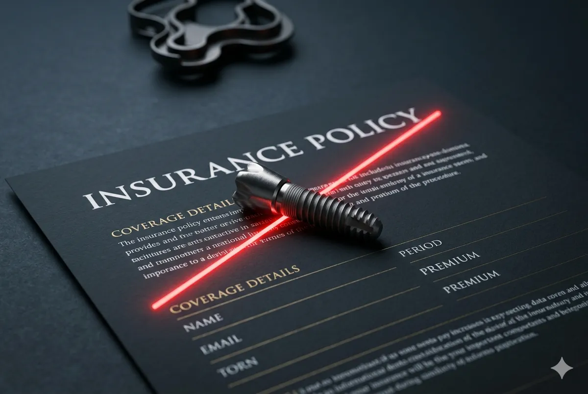 A premium insurance policy document crossed out with a subtle neon red indicator next to a high-end dental implant, symbolizing the limitations of major treatment coverage.