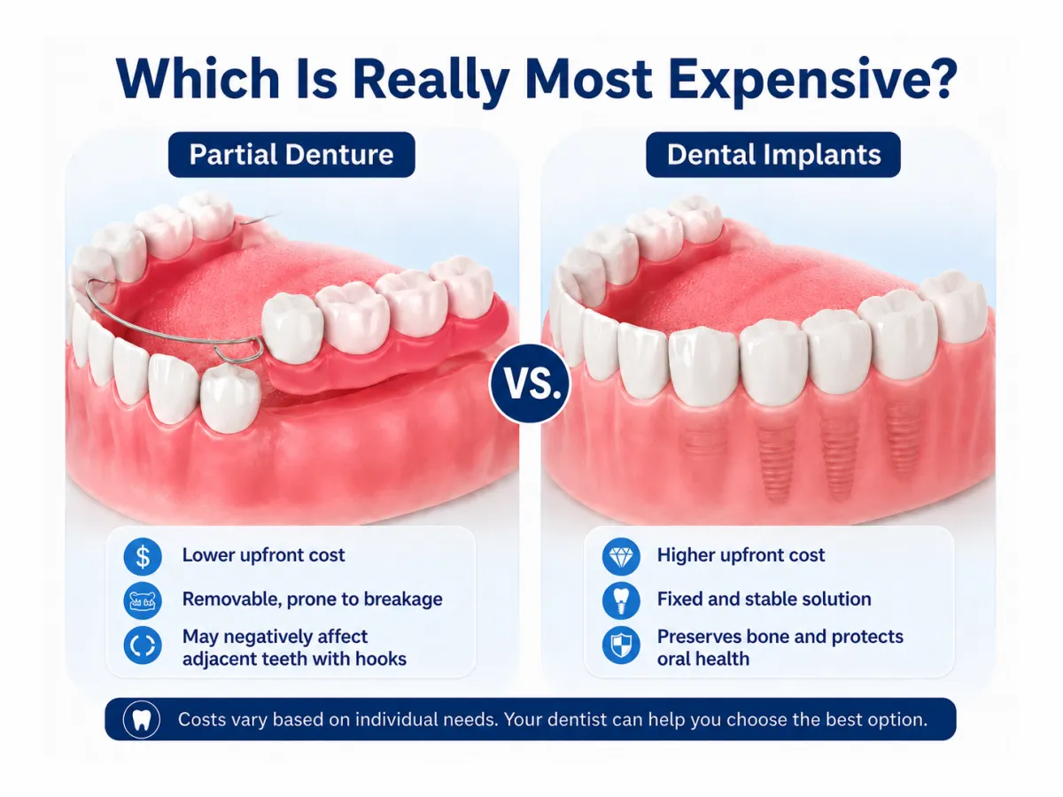 Comparison of a removable partial denture and a premium titanium dental implant side by side on a dental tray background
