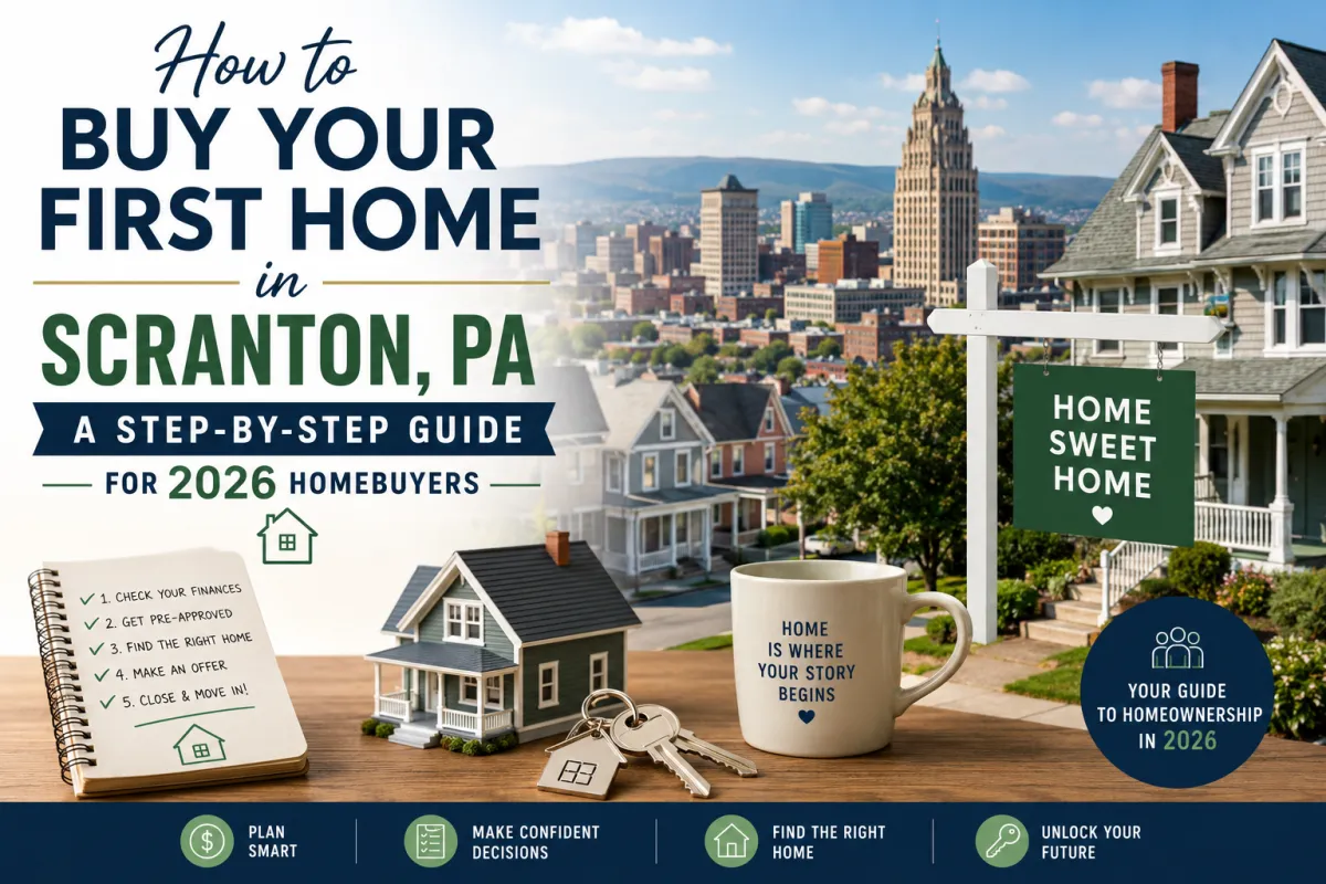 First-time homebuyer guide for Scranton PA showing neighborhood homes, real estate steps, and 2026 buying process infographic