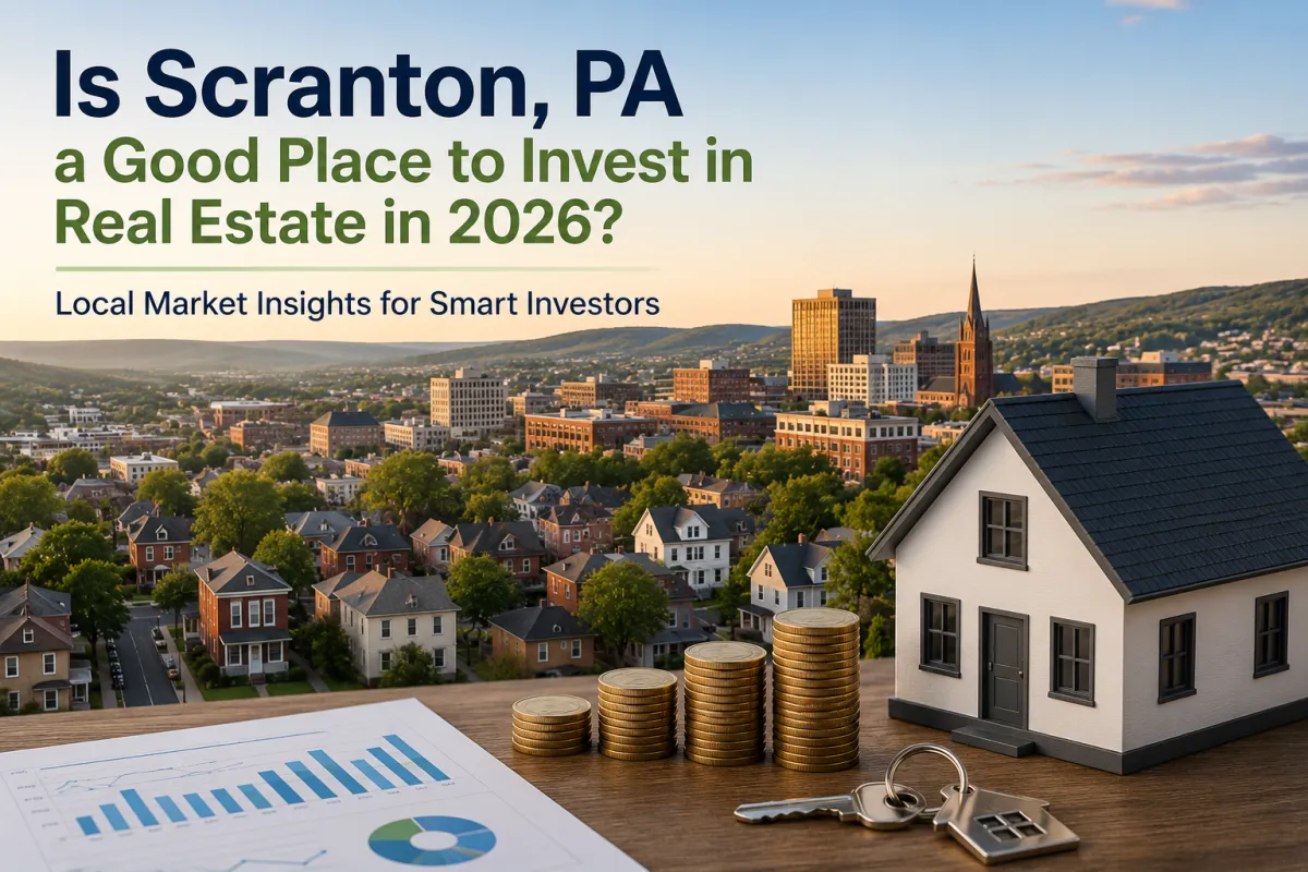 Is Scranton, PA a good place to invest in real estate in 2026? Professional illustration featuring the Scranton skyline, homes, and investment concepts.