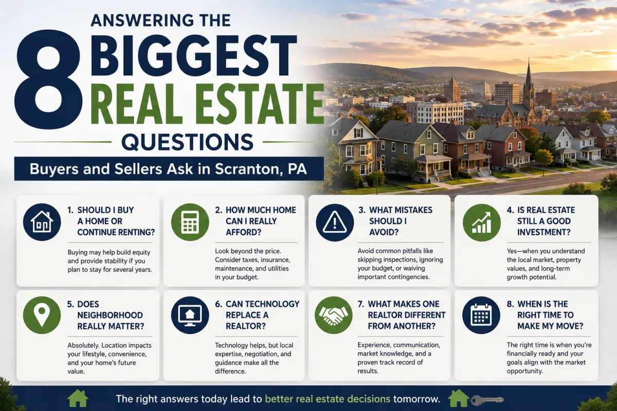 Modern real estate infographic answering the biggest questions home buyers and sellers ask in Scranton, Wilkes-Barre, Clarks Summit, Archbald, the Pocono Mountains, Paupack, and Lake Wallenpaupack, PA
