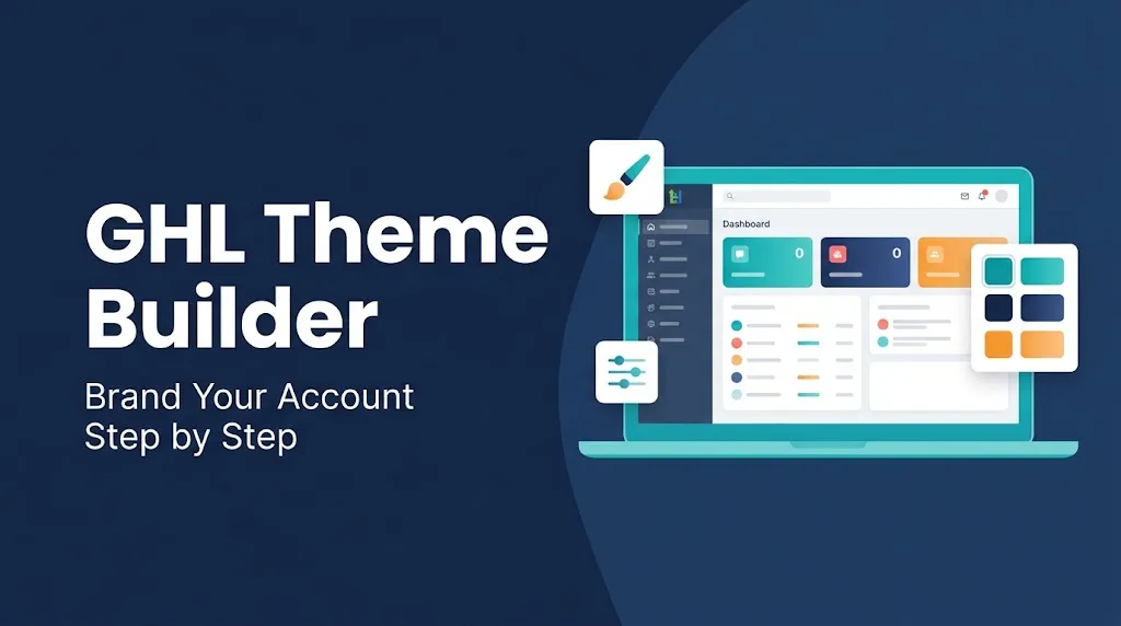 GHL theme builder dashboard with custom brand colors and sidebar menu shown on a laptop screen
