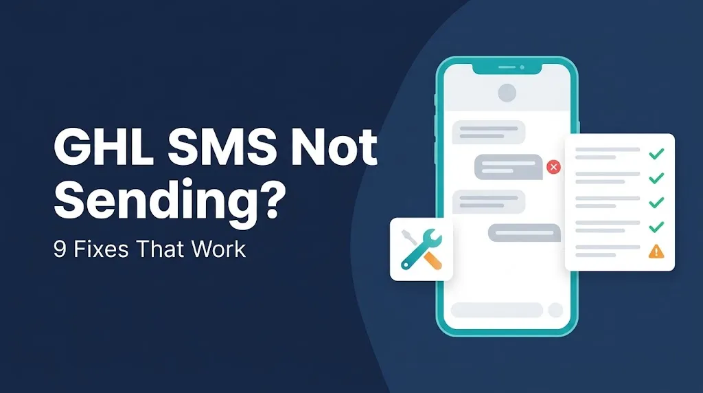 GHL SMS not sending fix checklist beside a phone showing a failed text message alert