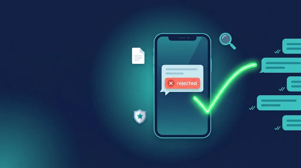 Smartphone showing a rejected A2P text message next to an approved, delivered message