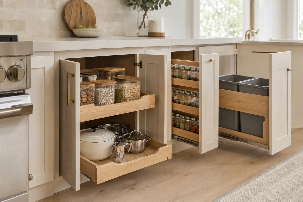 Kitchen cabinets with rollout shelves, a pull-out spice organizer, and hidden trash and recycling bins.