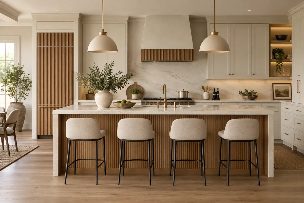 Kitchen with Elegant kitchen featuring fluted wood details on the island, tall cabinet doors, and custom range hood.ots of storage