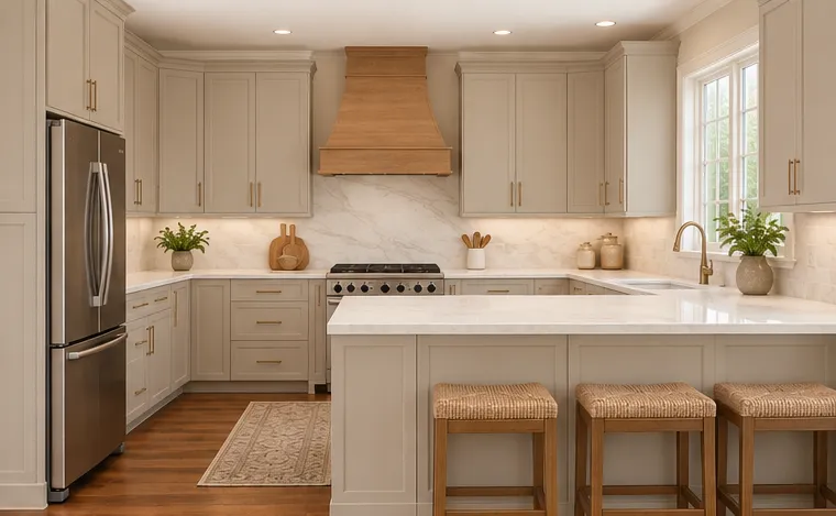 Traditional kitchen with dark wood raised-panel cabinets, granite countertops, and an ornate range hood.