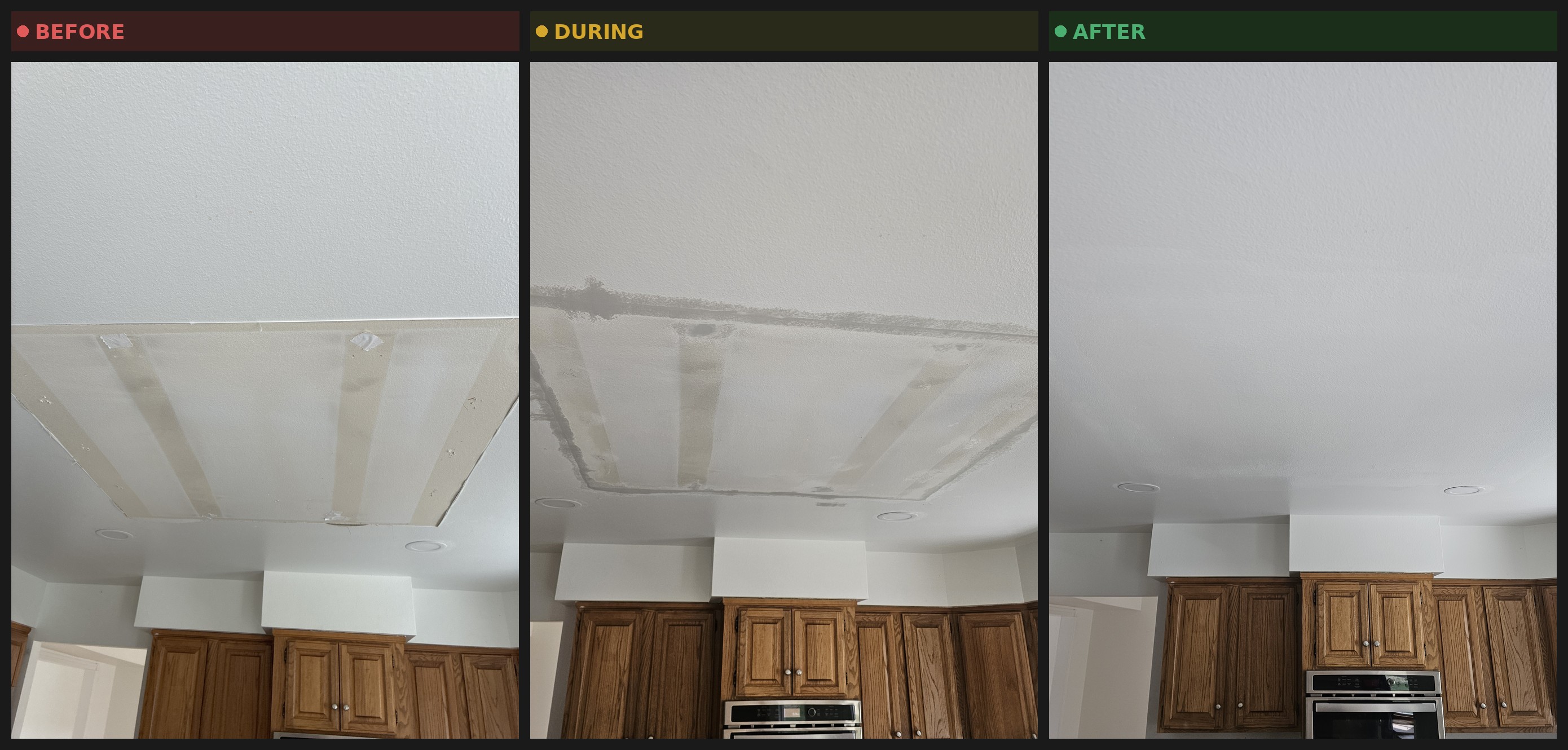 Before, during, and after photos of a ceiling drywall repair above kitchen cabinets