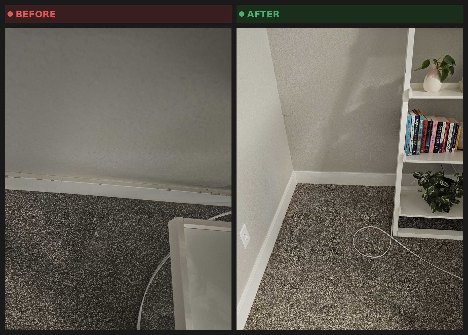 Before and after photos of a room corner with damaged baseboard replaced with new white trim