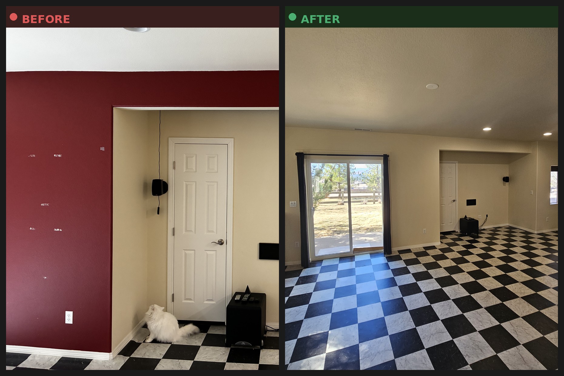 Before and after photos of a room repainted from a dark red accent wall to a neutral tan color