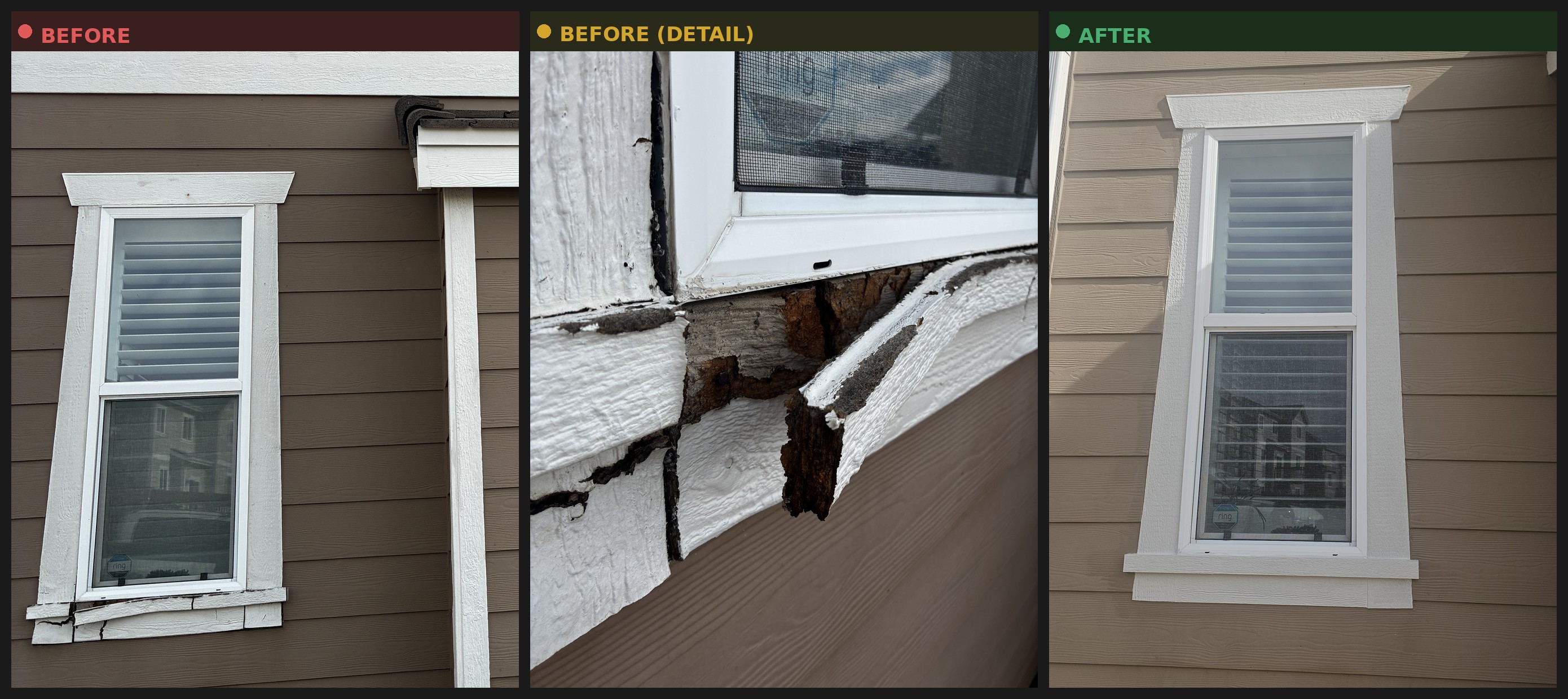 Before, detail, and after photos of exterior trim repair and repainting around a window