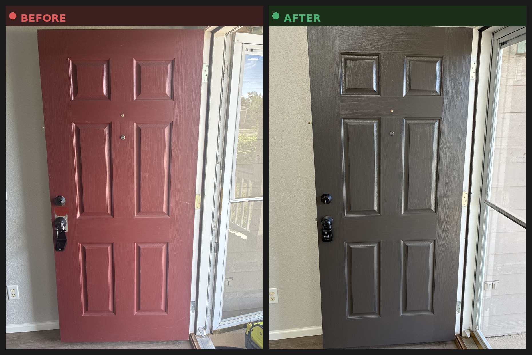 Before and after photos of a front door repainted from red to Black Fox