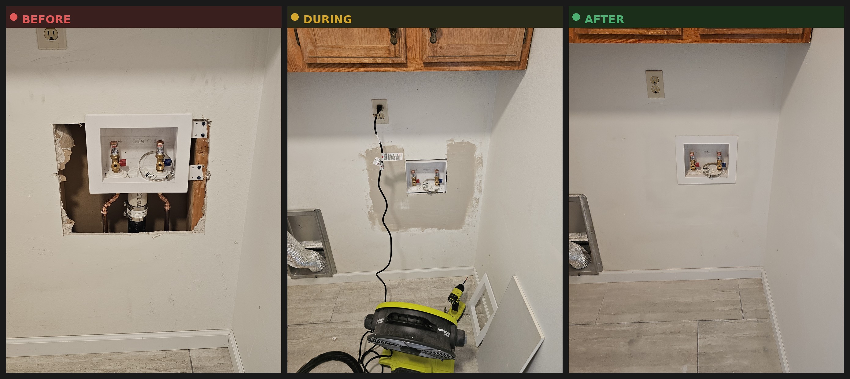 Before, during, and after photos of drywall repair around a utility box cutout with an air mover drying the wall