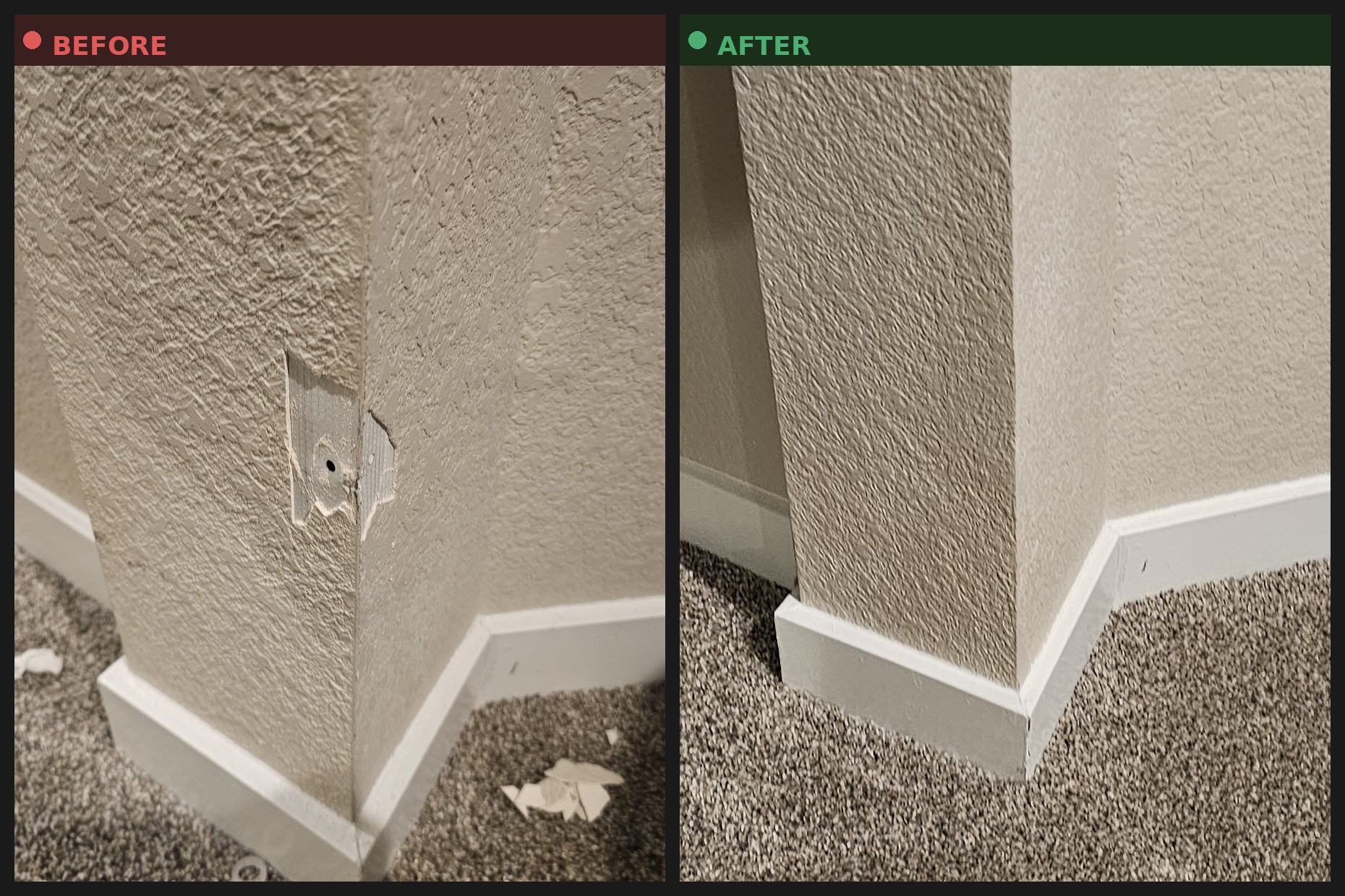 Before and after photos of a textured wall corner patch blended seamlessly with surrounding texture
