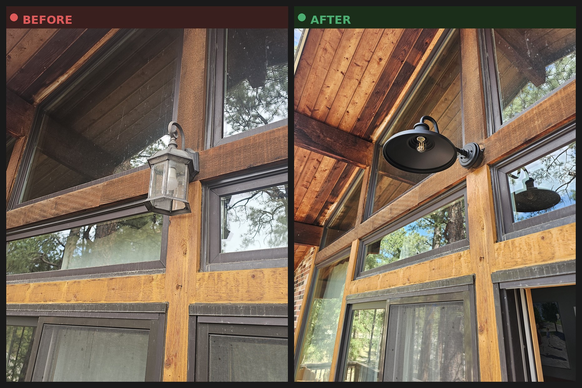Before and after photos of an outdoor porch light replaced with a modern black barn-style fixture