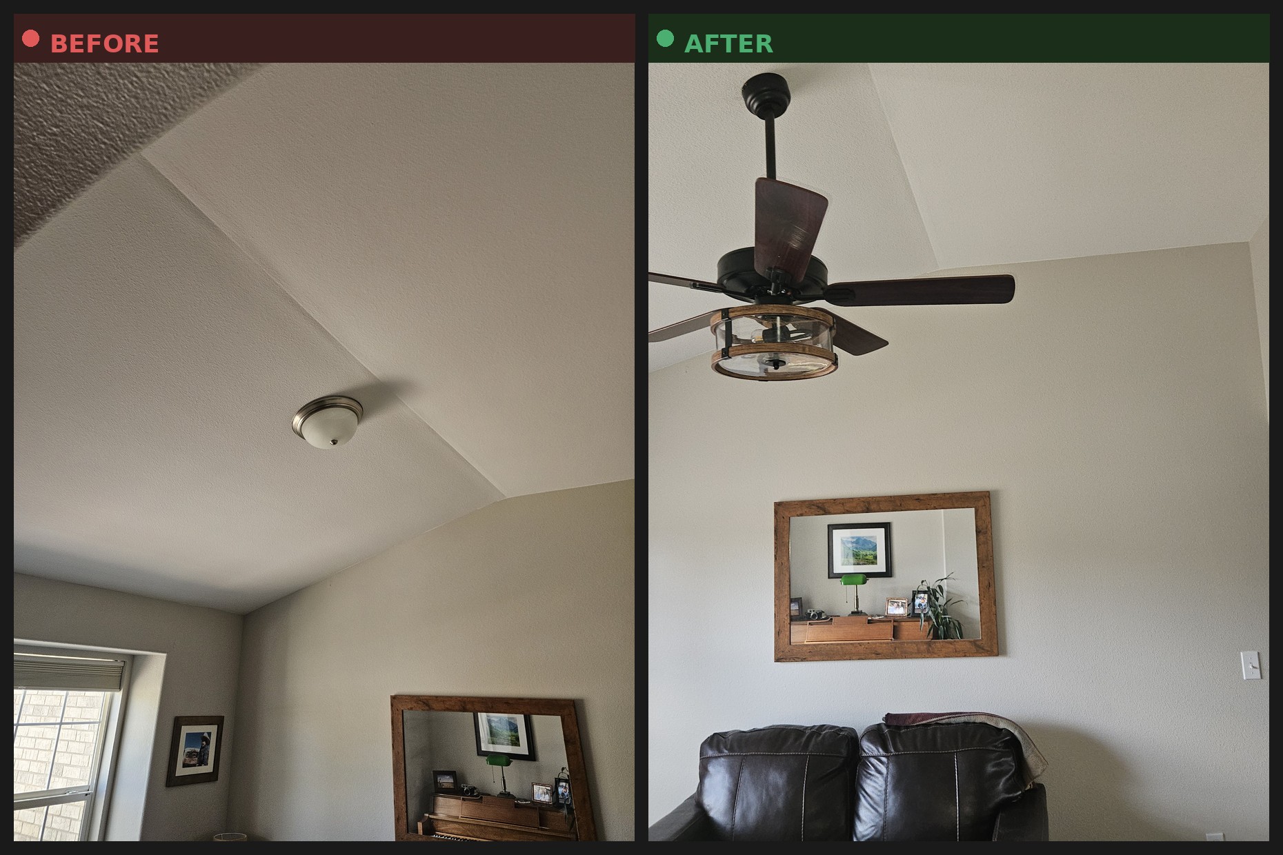 Before and after photos of a ceiling fan with light kit installed on a sloped vaulted ceiling