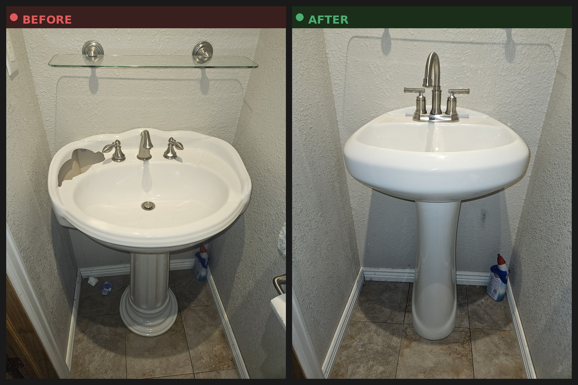 Before and after photos of a broken pedestal bathroom sink faucet replaced with a modern brushed nickel faucet