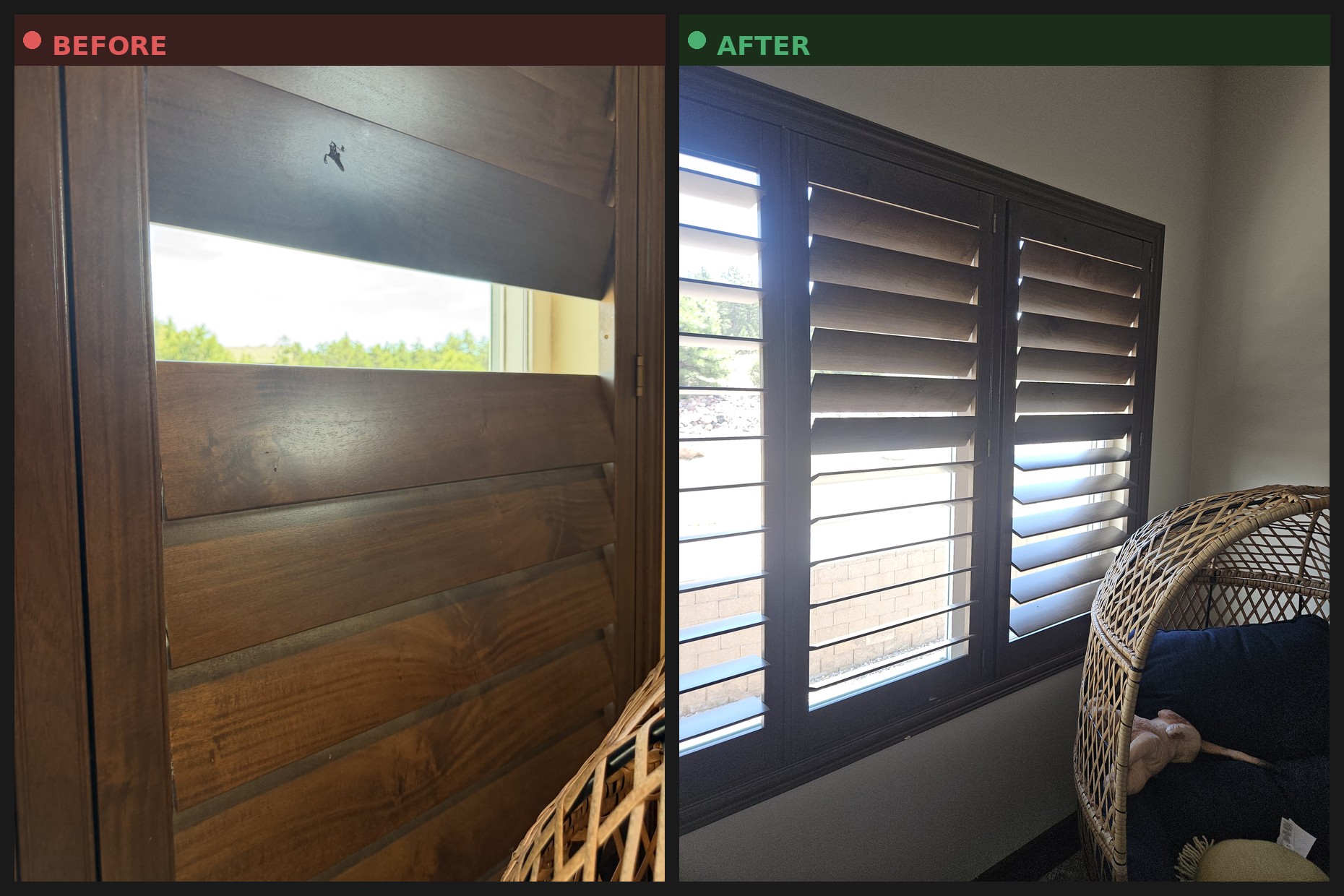 Before and after photos of high-end custom wood plantation shutters repaired on a window
