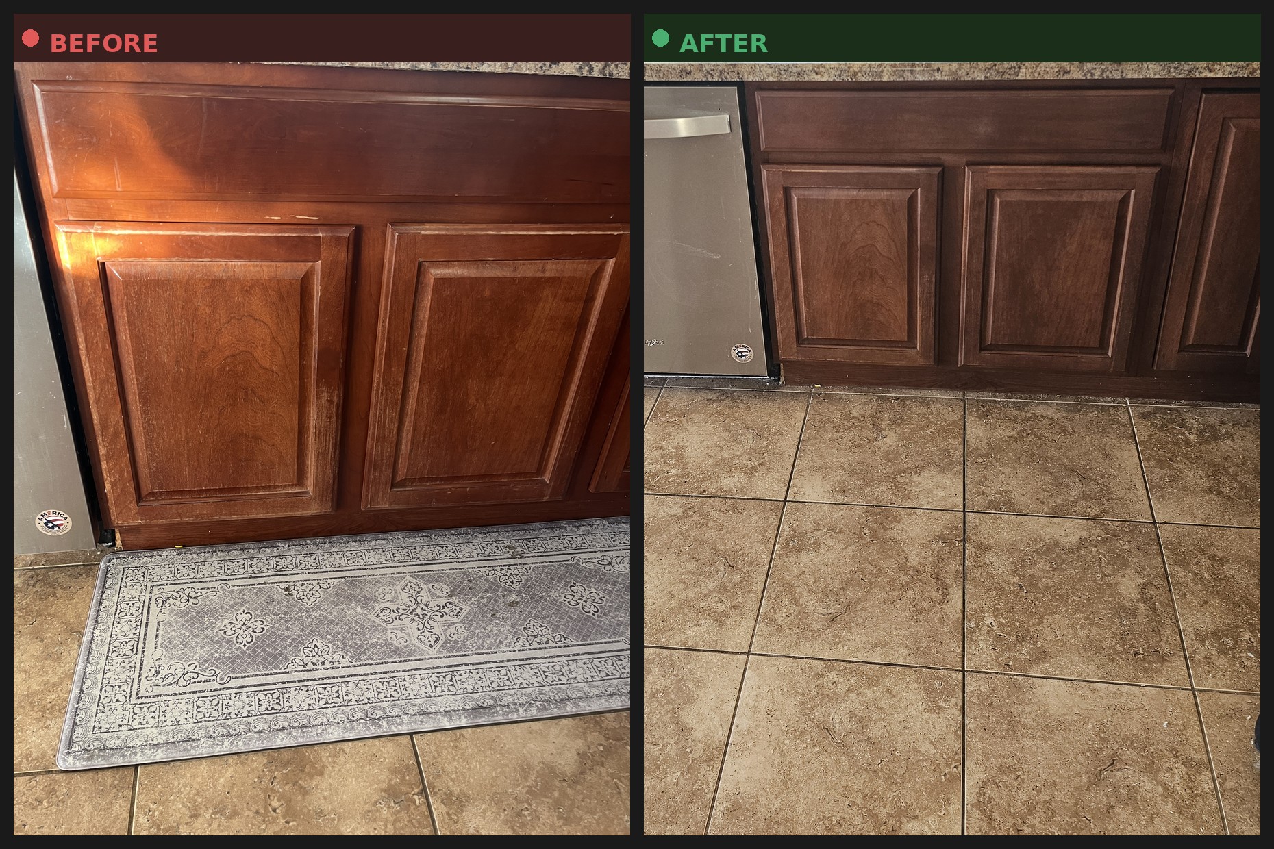 Before and after photos of stain retouching on a water-damaged kitchen cabinet