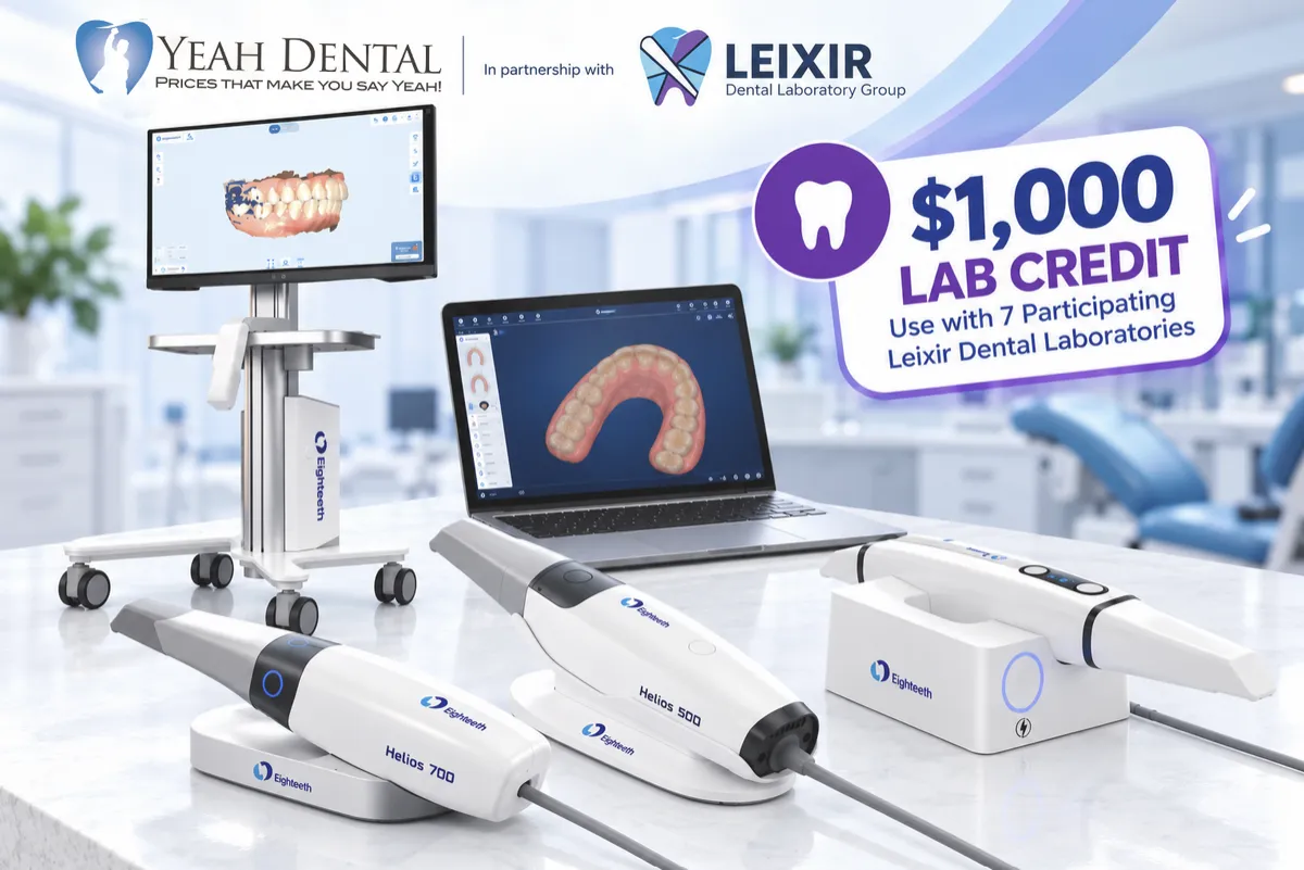 Product shot of a dental intraoral scanner, a laptop displaying a 3D dental scan, and a white mobile cart against a light blue background.