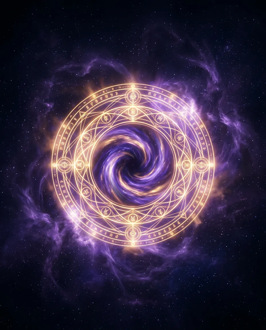 Abstract sacred geometry halo emblem with luminous plum and pink glow