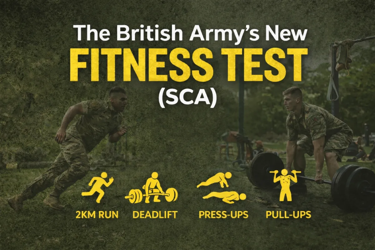 British Army fitness test SCA standards graphic with 2km run, deadlift, press-ups and pull-ups exercises