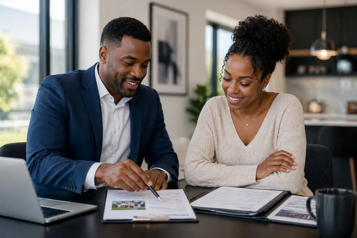 Advisor and client reviewing property documents with a confident smile