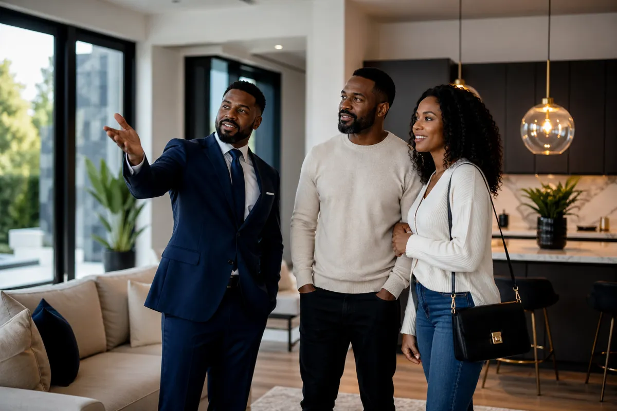 Couple exploring a high-end property with their real estate advisor