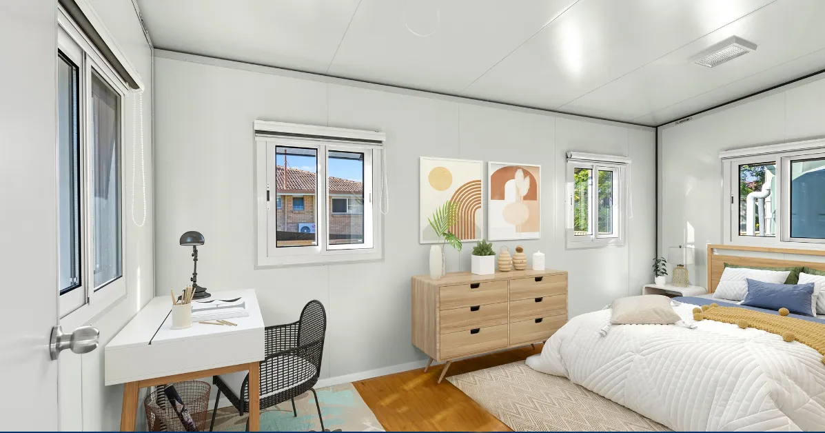 Modern CoastPad courtyard suite in a leafy suburban backyard at golden hour