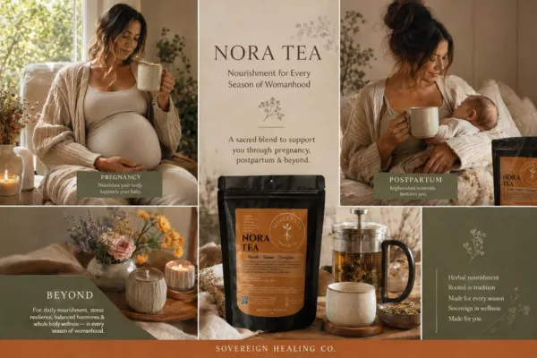 NORA Tea organic herbal blend with nettle, oatstraw, red raspberry leaf, and alfalfa