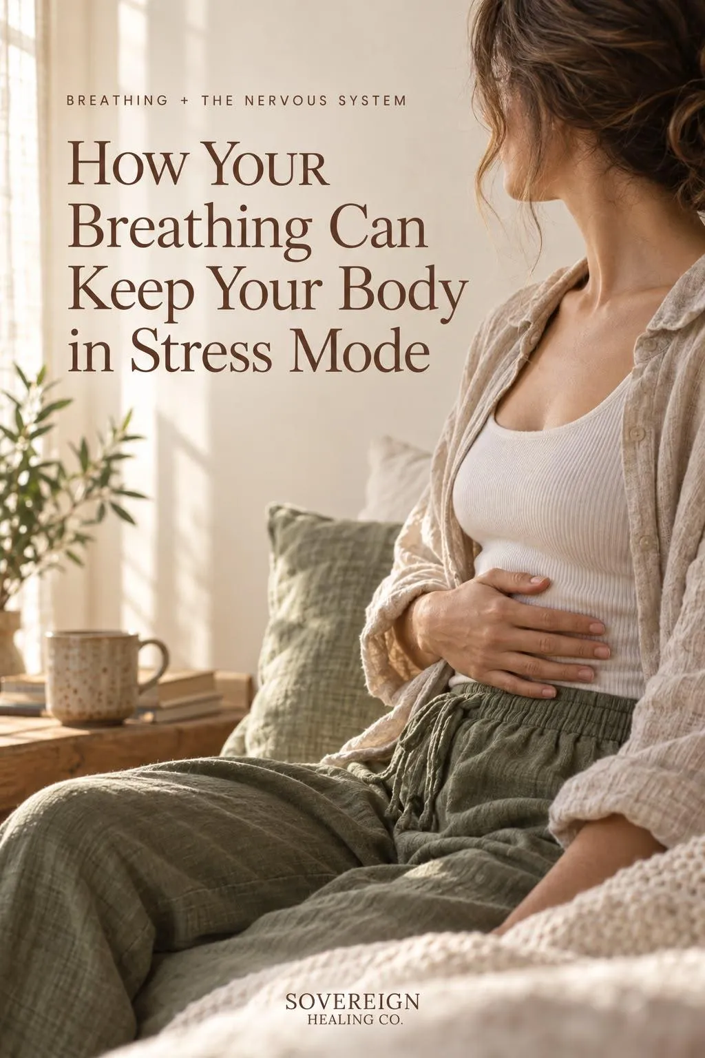 Hand resting on belly during a diaphragmatic breathing exercise