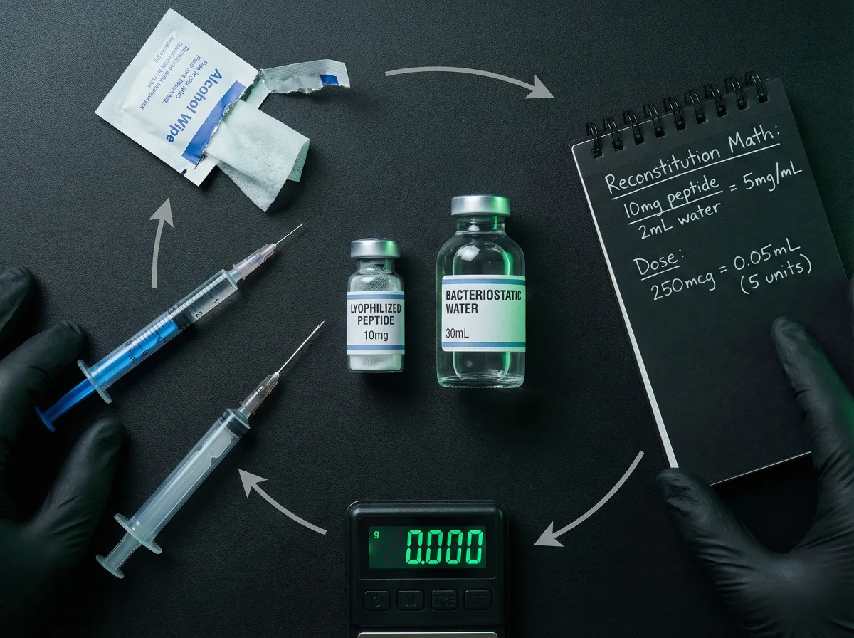 Peptide reconstitution supplies laid out including vial, bacteriostatic water, syringes, and scale