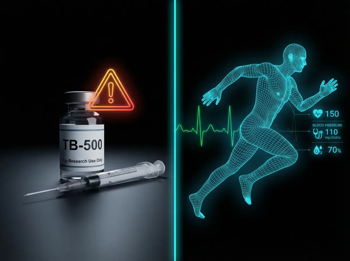 TB-500 vial with caution symbol and body monitoring display