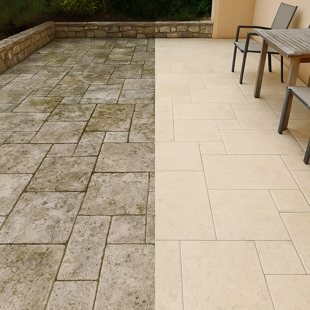 Nettoyage de terrasse en pierre et travertin à Aix-en-Provence avant après