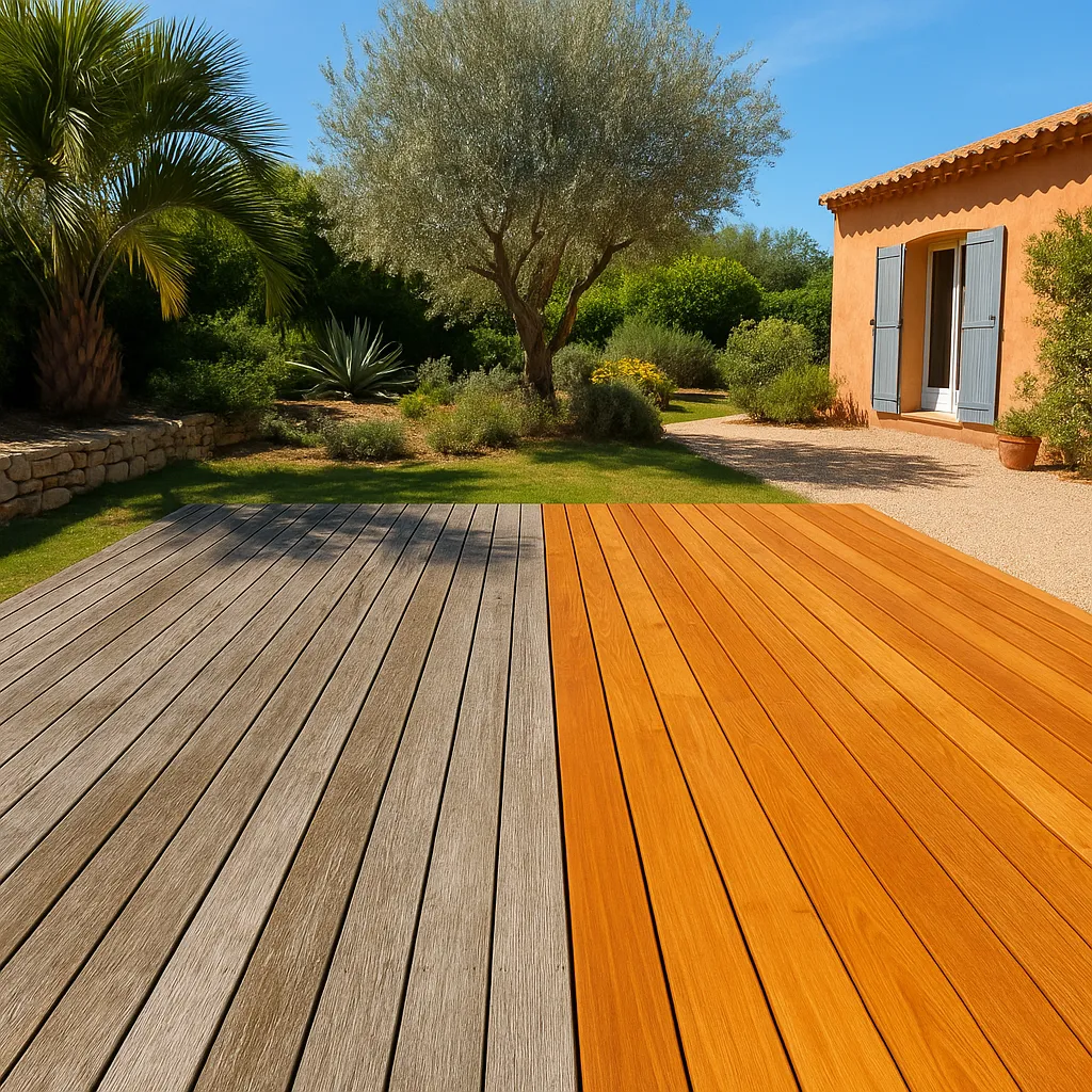 Nettoyage et traitement de terrasse en bois à Aix-en-Provence avant après