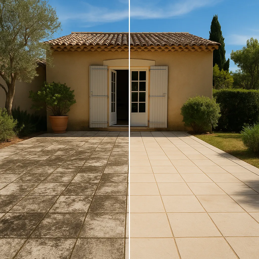 Nettoyage de terrasse en carrelage et béton à Aix-en-Provence avant après