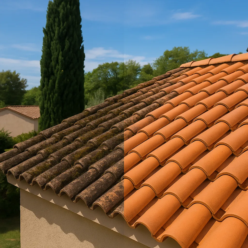 Nettoyage et démoussage de toiture en tuiles à Aix-en-Provence avant après
