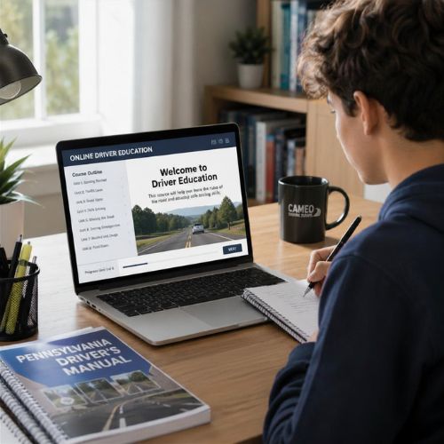 Student completing an online 30-hour theory class for Pennsylvania driver's education with Cameo Driving School.