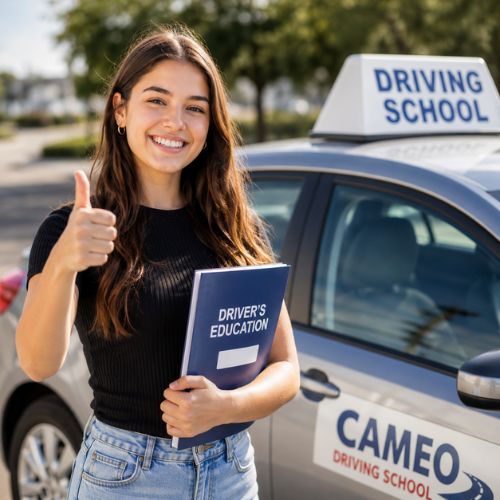 Teen student holding a driver's education book and giving a thumbs up next to a Cameo Driving School car.