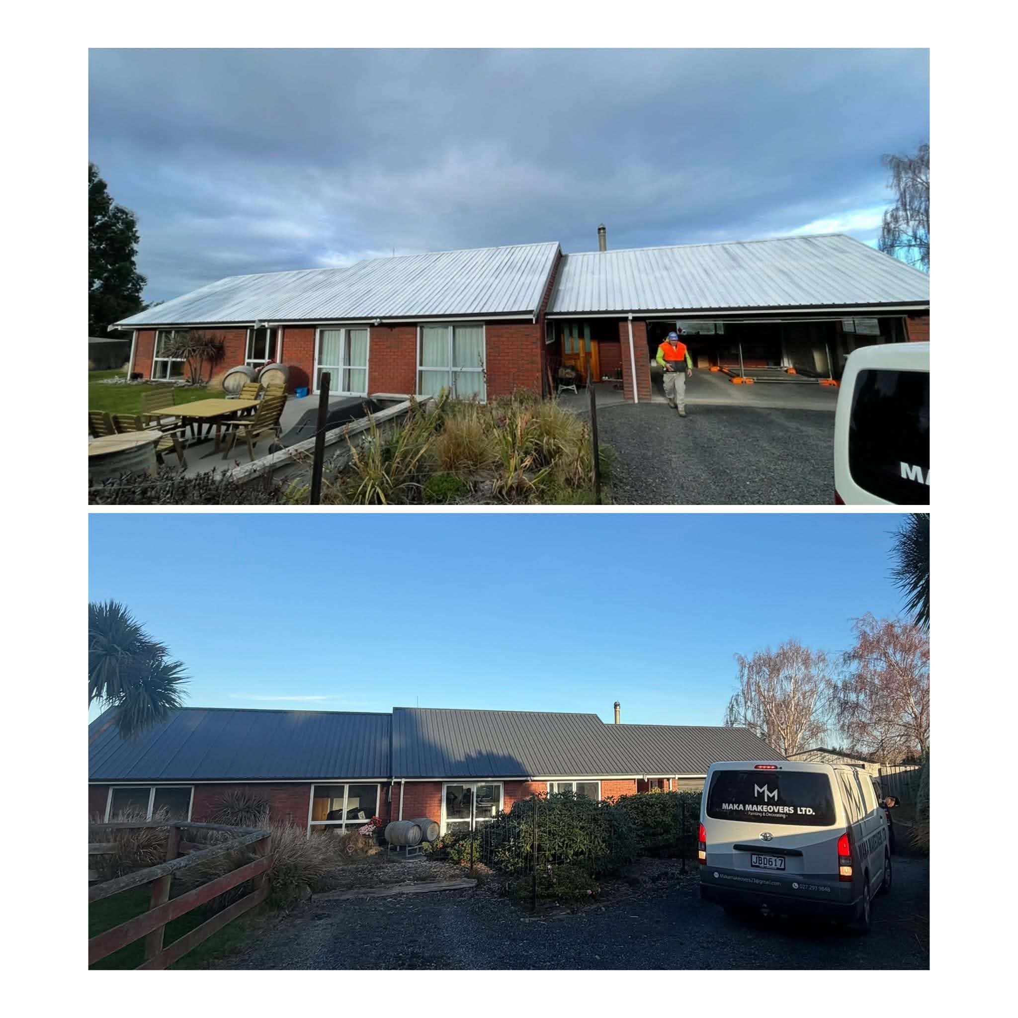 Roof painter applying weatherproof coating to a corrugated iron roof in Dunedin