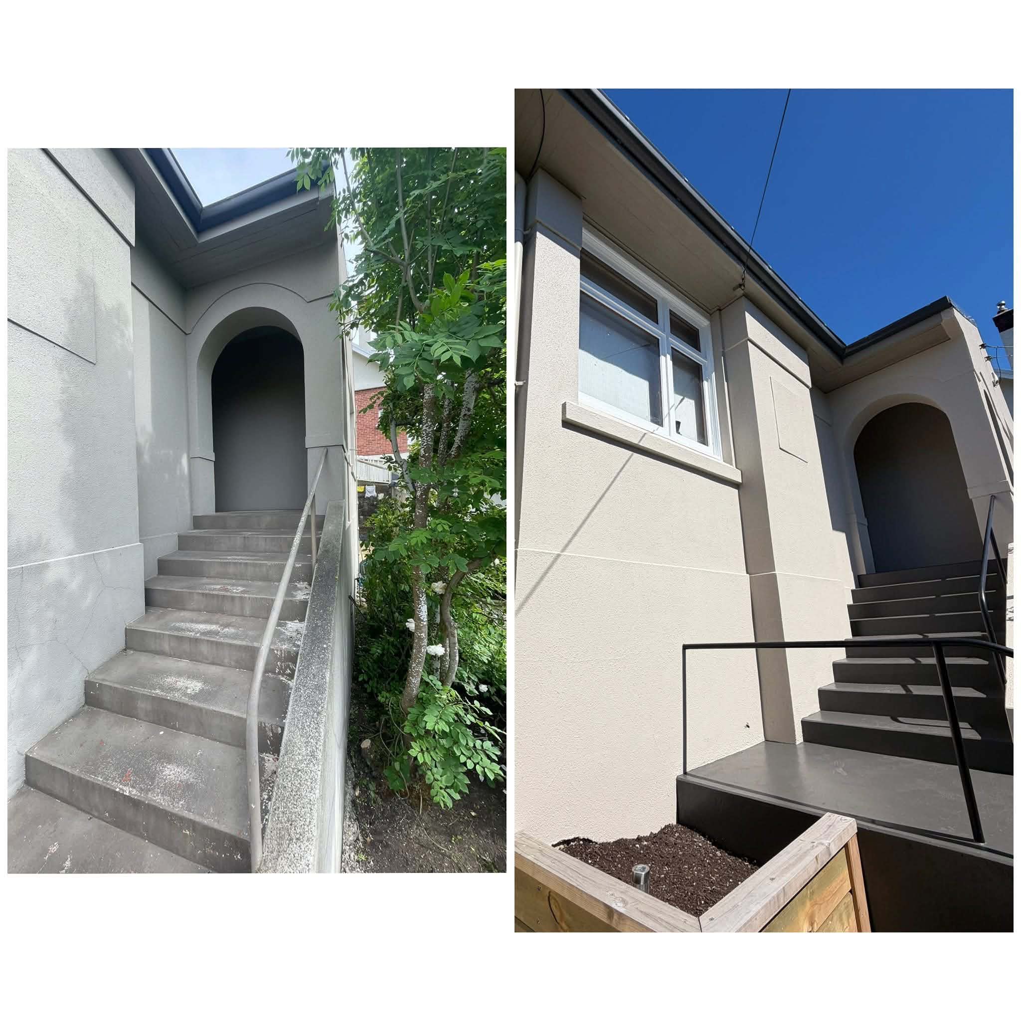 Before and after exterior house painting by Maka Makeovers Ltd in Dunedin, Otago — professional painters delivering high-quality results