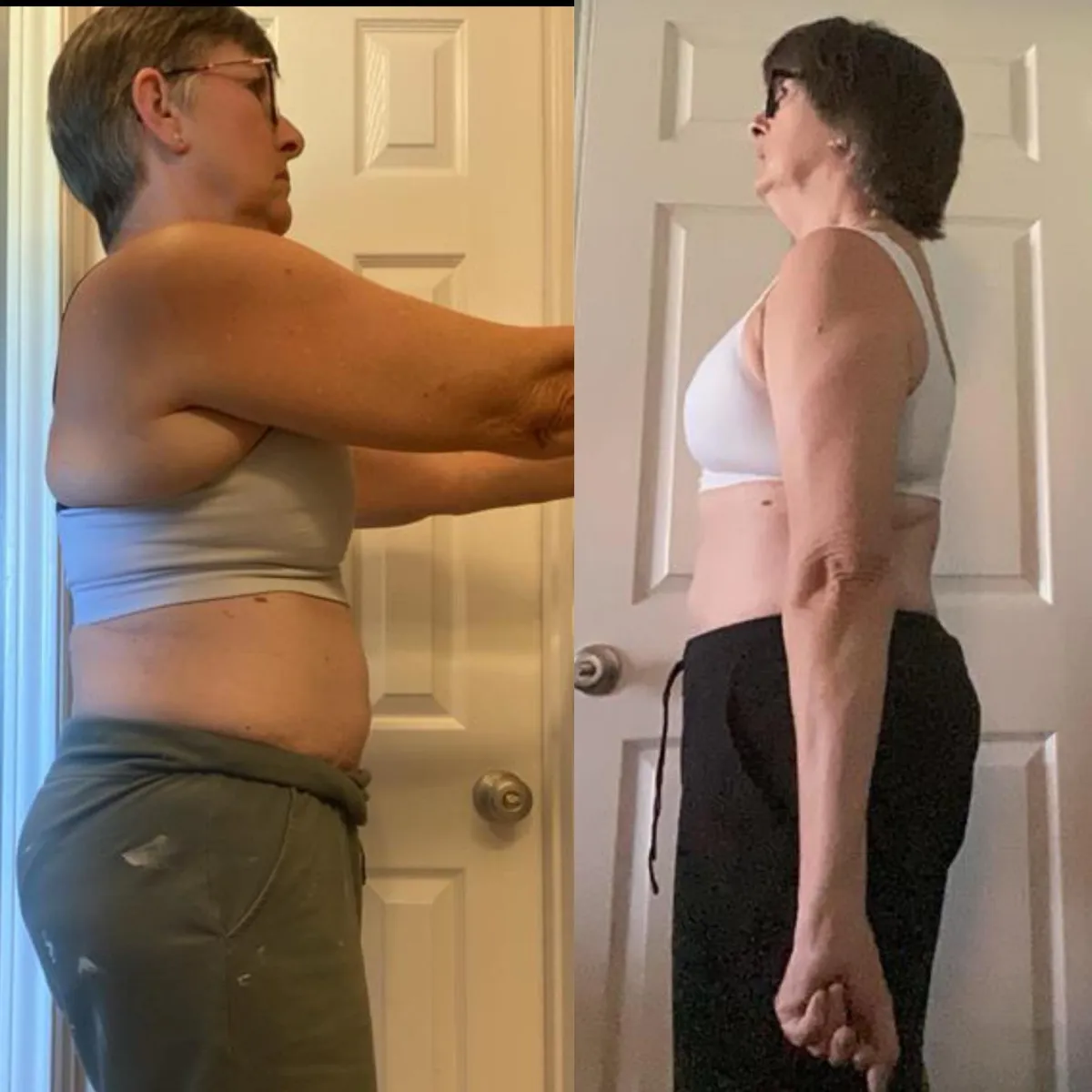 Portrait of Sarah K., age 28, smiling in a bright living room after losing 28 lbs.