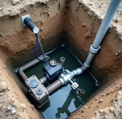 Sump pump system installed in excavated pit with discharge pipe and electrical connections by Bexley Plumbing Pros