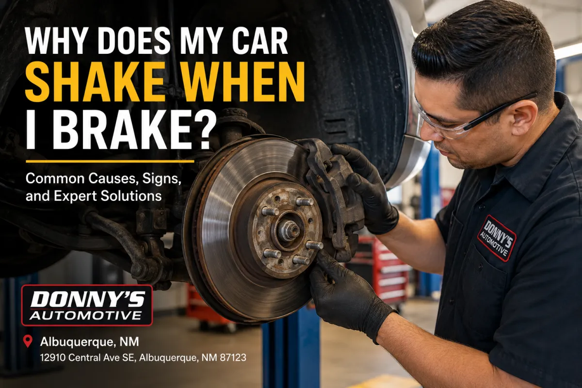 Technician inspecting brake rotors and brake pads at Donny's Automotive in Albuquerque NM during brake repair service